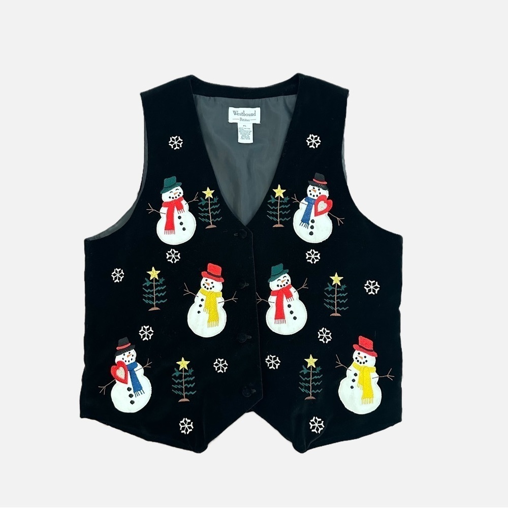Westbound Petites Holiday Embroidered Snowman Christmas Velvet Button Vest PL